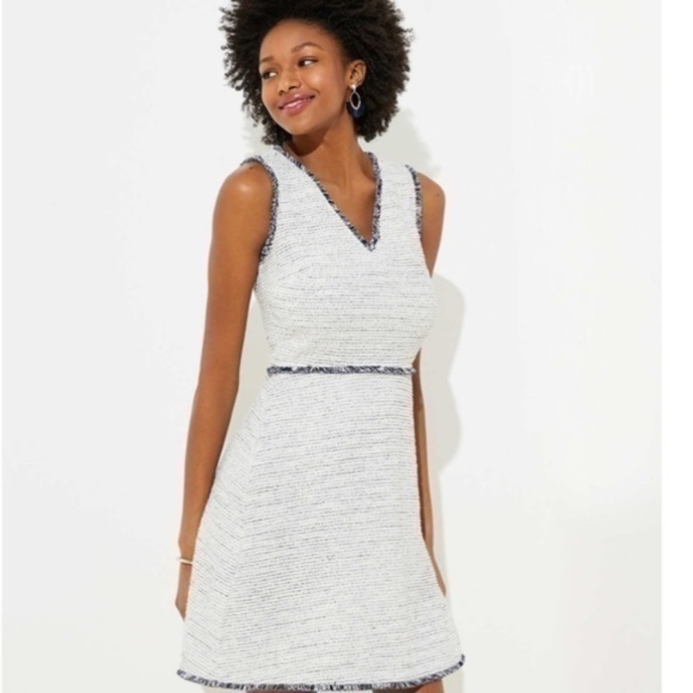 NWT Loft Off White Blue Fringe Boucle Flare Dress 10 WW23